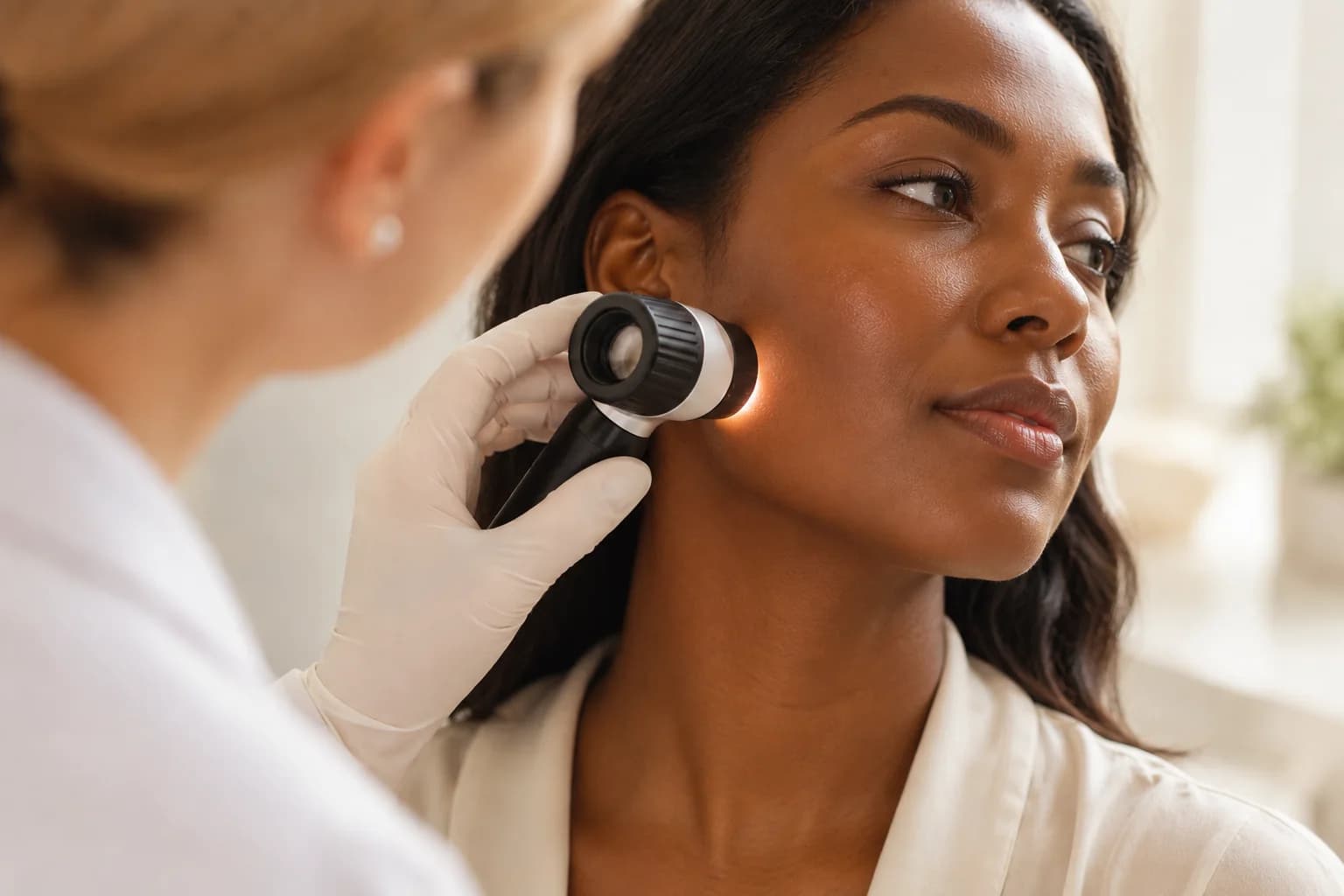 Dermatologist examining a patient's skin with a dermatoscope during a cosmetic cyst removal consultation