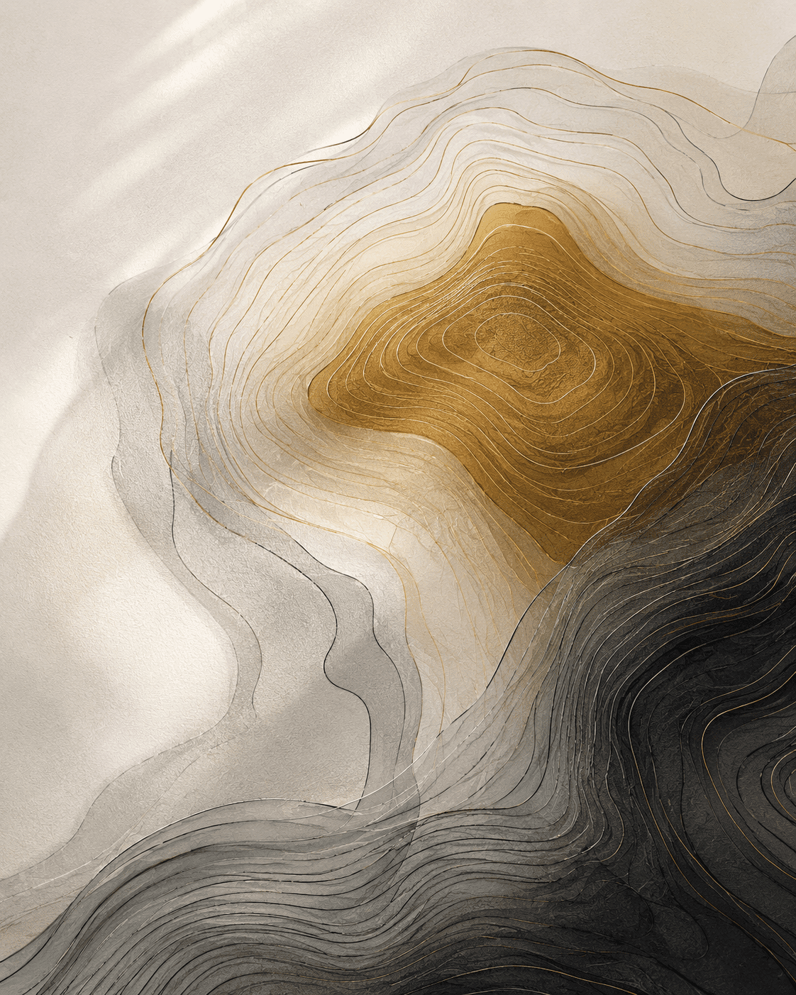 Abstract gold and charcoal contour-mapping study evoking precise, layered removal