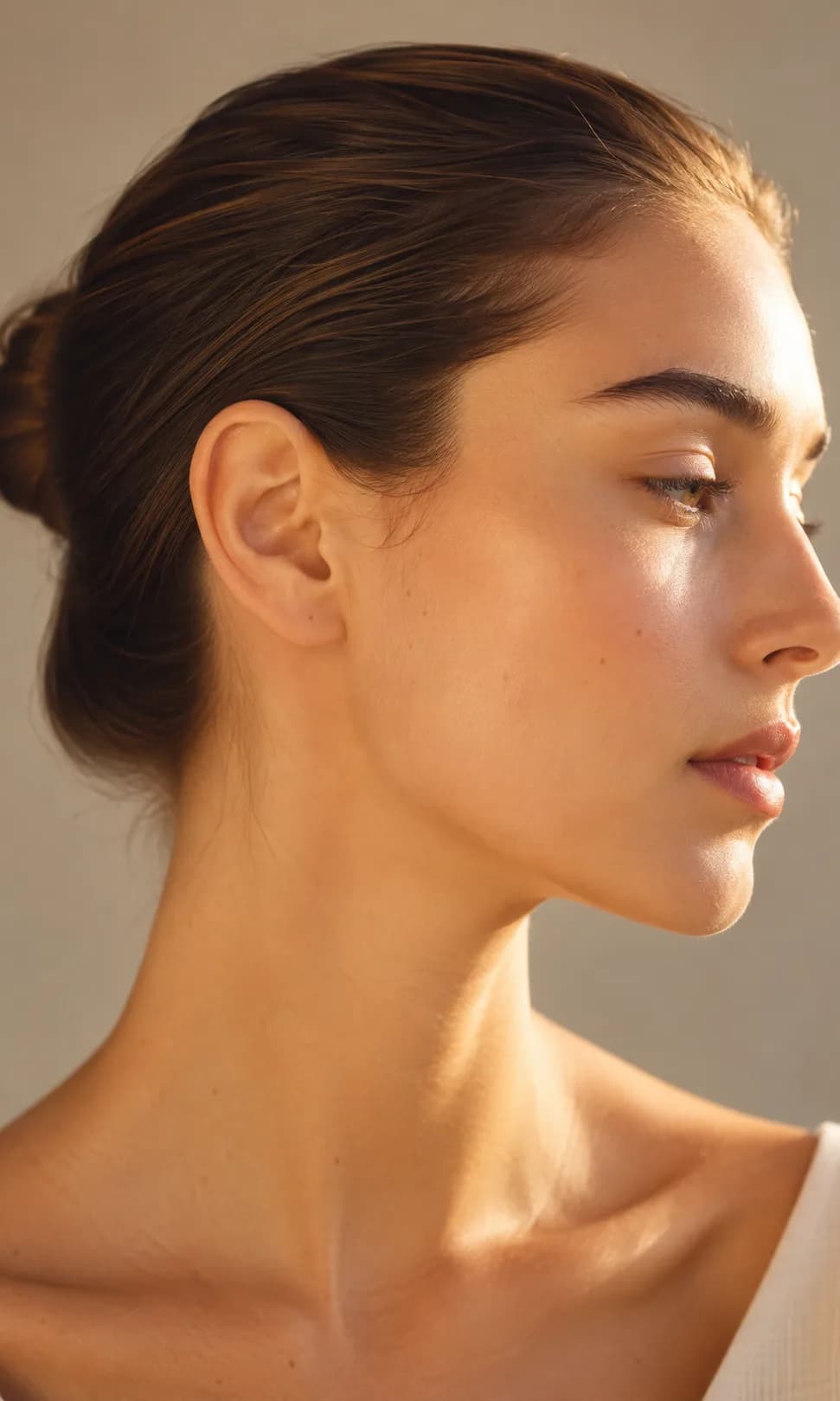 Editorial profile portrait in soft natural daylight with hair tucked behind the ear, the earlobe in clear focus